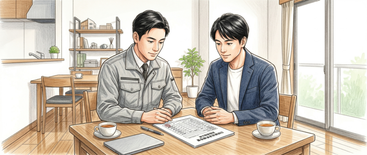 施主と職人が試験結果報告書を確認しているフロアコーティング業者選びのシーン