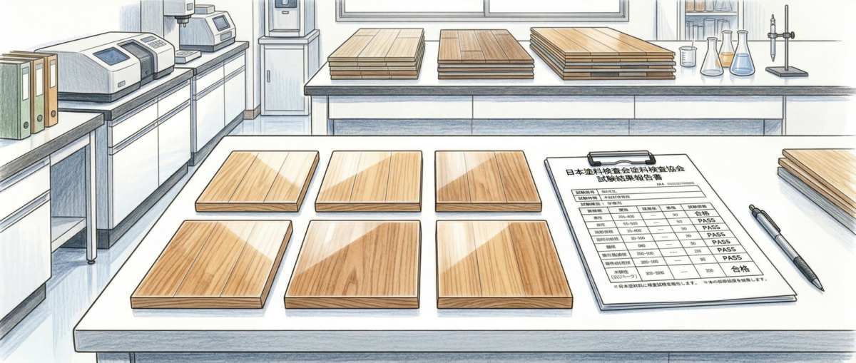 M&Mの全6種類のフロアコーティング耐汚染性試験結果を日本塗料検査協会が認定した一覧表