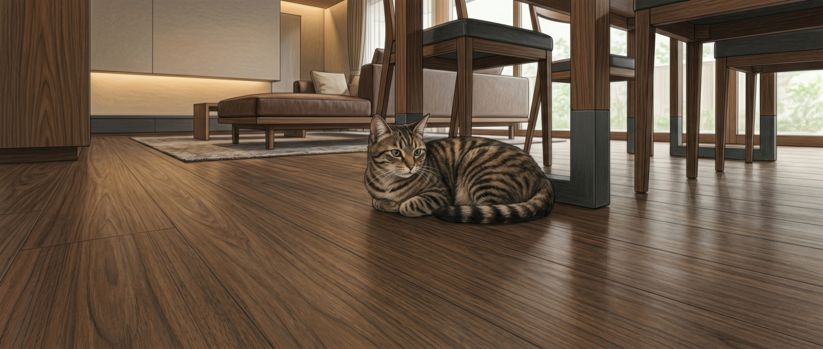 安全性を確認した床でくつろぐ猫のいる上質な空間のイメージ