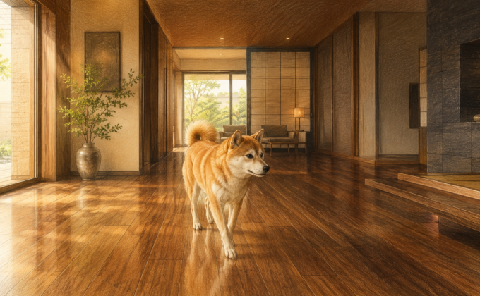 フローリングの上を歩く犬と滑り抵抗値のイメージ