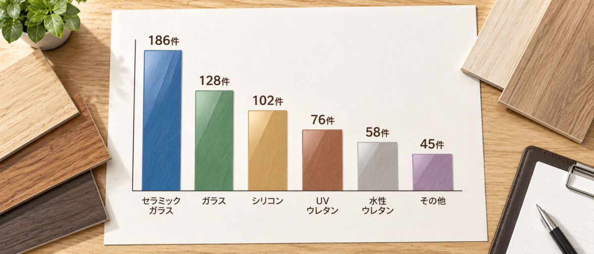 フロアコーティングの施工事例595件を種類別に分けた内訳の図
