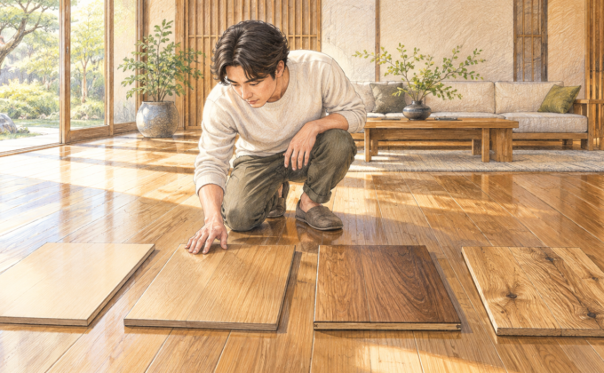 4種類の床材見本を並べてフロアコーティングを比べる様子