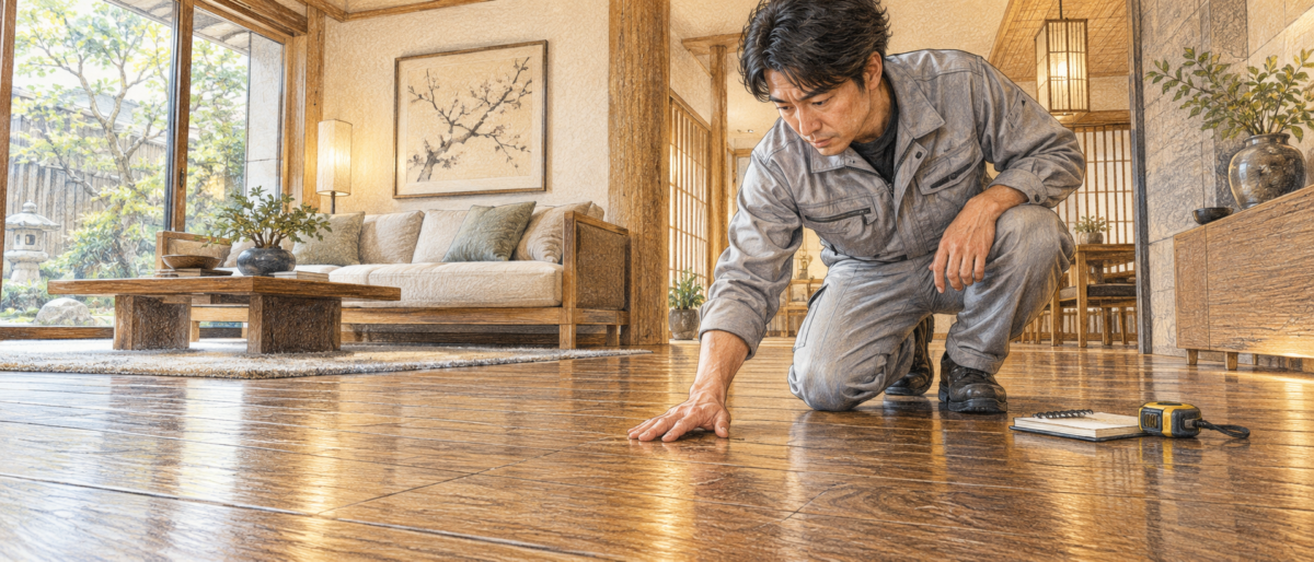施工担当者が入居中の住まいでフローリングのワックスと傷の状態を確認している現地調査の場面