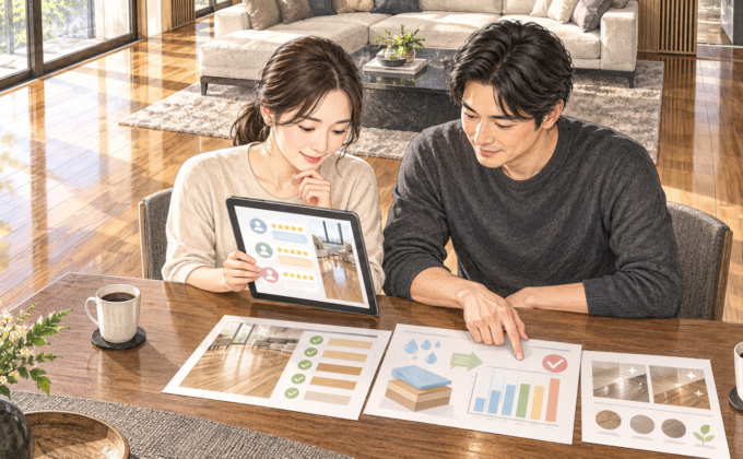 フロアコーティングのお客様の声を読み比べる夫婦