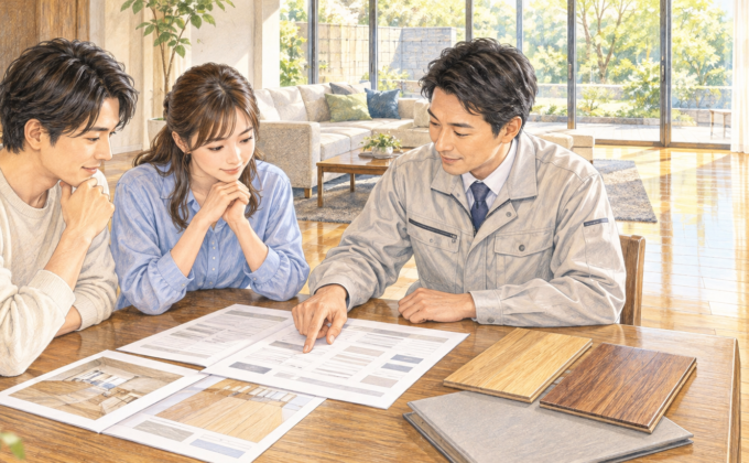 フロアコーティングの見積書を確認する夫婦と施工担当者