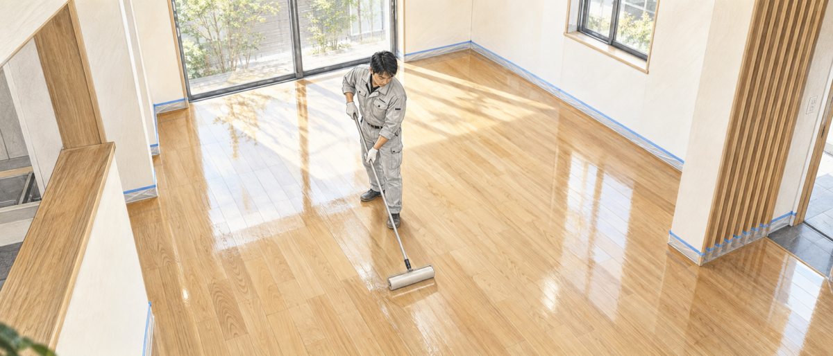 新築一戸建てのフロアコーティングを家具搬入前の部屋で施工している様子