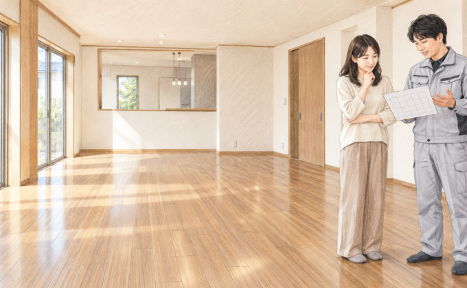 新築一戸建ての引き渡し後、家具のない部屋でフロアコーティングの施工日を確認する様子